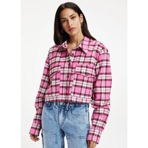 NEW Good American Cropped Shirt Women's Plus Size 5 (2X) Pink Plaid Pockets
